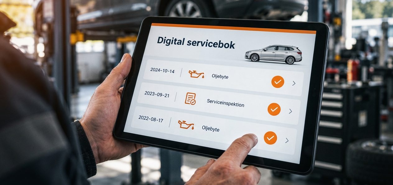 Tekniker visar bilens digitala servicebok på en surfplatta i verkstaden