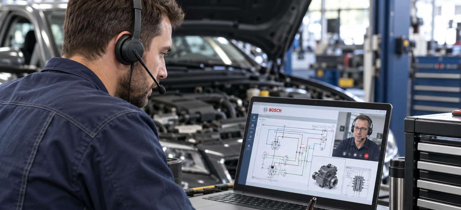 Tekniker med headset och laptop i kontakt med Bosch teknisk support